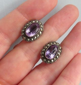 Pretty Vintage Sterling Silver Amethyst Marcasite Clip On Cluster Earrings