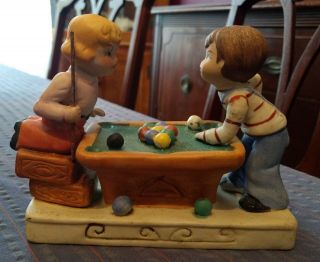Vintage Hummel Like Ceramic Figurine Of Boy And Girl Playing Pool Billiards