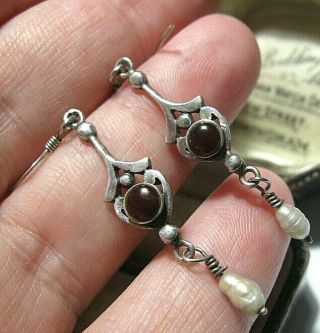 Vintage Jewellery Art Nouveau Revival Sterling Silver Garnet Pearl Drop Earrings