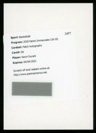 2018 - 19 Immaculate Kevin Durant Autograph Auto Worn Patch /25 Warriors