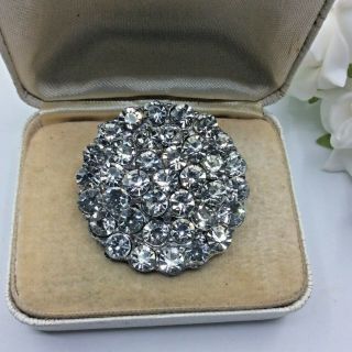 Vintage Jewellery Clear Crystal Rhinestone Silver Tone Shallow Dome Brooch Pin