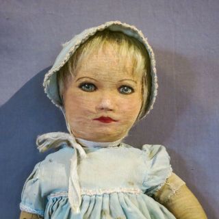 20 " Antique 1920s Deans Rag Doll In Dress,  Bonnet And Mohair Wig