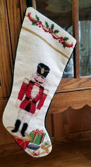 Vintage Nutcracker Soldier Needlepoint By Hand Christmas Stocking Wool & Cotton