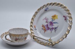 Antique 19thc Nymphenburg Dresden Porcelain Cup Saucer Plate Trio - Hand Painted