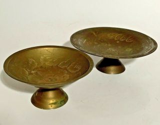 2 Vintage Brass Bowls/trinket Trays,  Pedestal,  Etched,  Engraved,  Flower Design