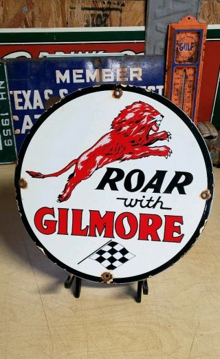 Gilmore Lion Head Motor Oil Porcelain Sign Vintage Brand Lubster Oil Can Rack