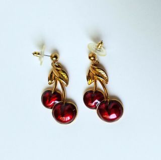 Vintage Avon Cherry Pierced Earrings Gold Tone With Surgical Steel Post