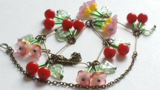 Czech Cherry And Pink Flower Glass Bead Necklace Vintage Deco Style