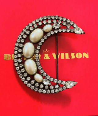Butler And Wilson Large Vintage Crescent Moon Brooch Diamanté & Pearl 