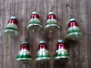Vintage 7 Mid - Century Shiny Brite Striped Bell Christmas Ornaments.  2 "