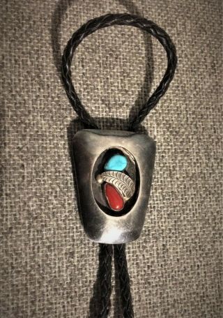 Vintage Bennett Native American Bolo Tie Sterlng Silver Turquoise Coral