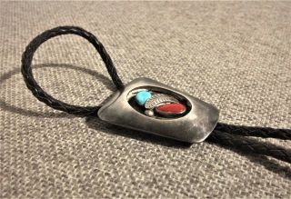 VINTAGE BENNETT NATIVE AMERICAN BOLO TIE STERLNG SILVER TURQUOISE CORAL 2