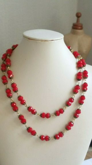 Czech Long Strawberry Red Faceted Glass Bead Necklace Vintage Deco Style
