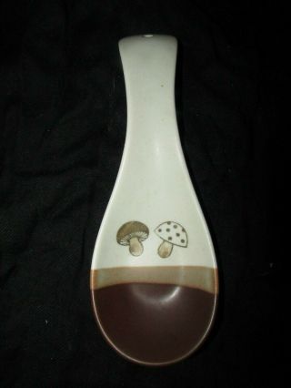 Vintage Stoneware Pottery Spoon Rest Brown With Mushrooms