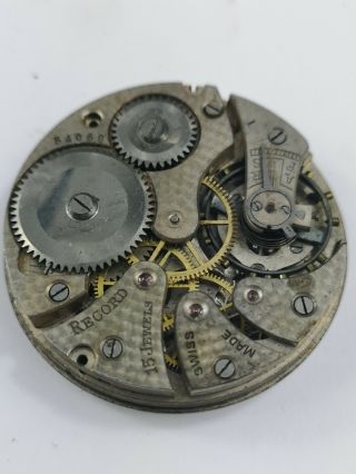 Vintage Record Pocket Watch Movement Swiss,  15 Jewels - For Spares