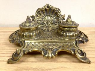 Rare Antique Ornate Victorian Gilt Brass Dual Desk Figural Inkwell