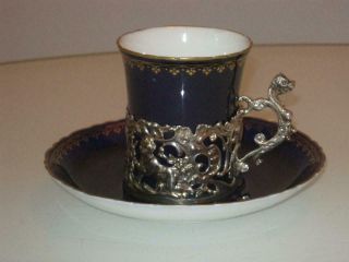 Stunning Antique Royal Worcester Porcelain Cup With Siver Holder & Saucer