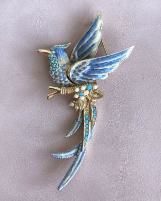 Vintage Signed Nolan Miller Bird Of Paradise Blue Enamel Brooch Faux Pearls 4”