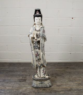 Large Antique Chinese Bovine Bone Hand Carved Figure Of Buddha Guan Yin.