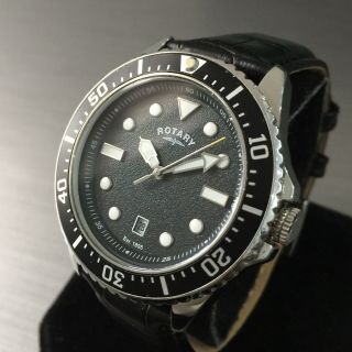 Mens Rotary Watch Quartz Vintage Diver Style Black Dial Steel Gb00632