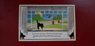 Vintage Halloween Postcard Series 412 Cat Looking Out Window Watchin Withc
