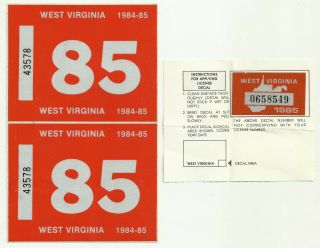Vintage West Virginia 1985 Vehicle Registration Window Stickers And Plate Decal