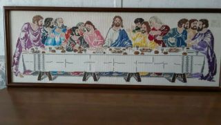 Vintage Hand Cross Stitch " The Last Supper " Jesus,  Religious,  Framed,  Wall Hanging