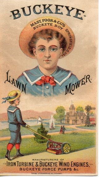 64069 Vintage Victorian Trade Card Mast Foos & Co Buckeye Boy Lawn Mower Ohio