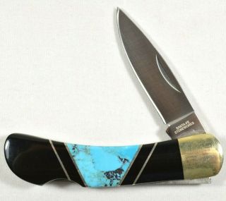 Vintage Santa - Fe Stoneworks Pocket Knife With Natural Turquoise Stone Inlay Vgc