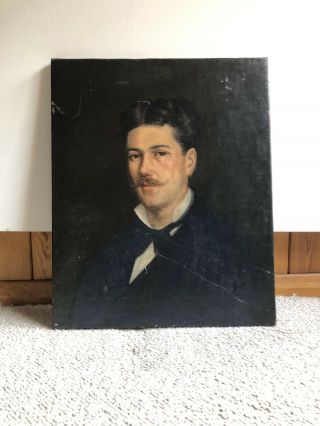 Antique Victorian Oil Painting Portrait Man Moustache Framed 55x45 Cm