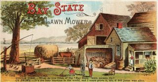 64078 Vintage Victorian Trade Card Bay State Lawn Mower W/ Old Homestead Ca 1890