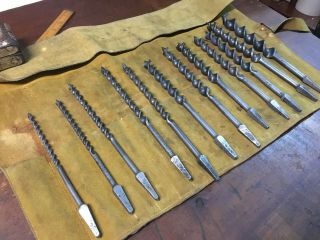 Antique Mathieson Auger Bit Set In Leather Roll Bag (12)