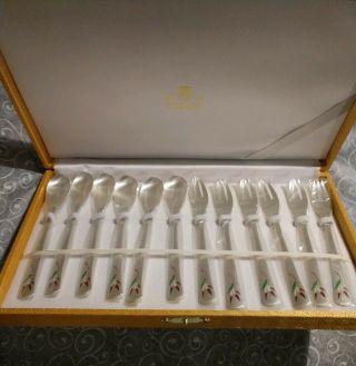 Vintage Asian Korean Ag 800 Silver & Enamel 12 Pc Small Forks & Spoons Set W Box