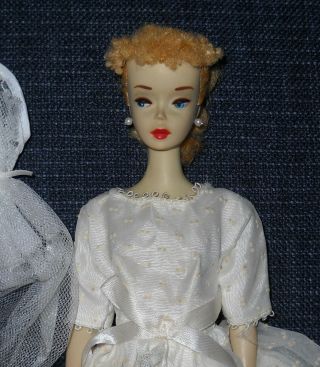 Blonde Vintage 3 Ponytail Barbie Doll W/vintage White Gown And Hat