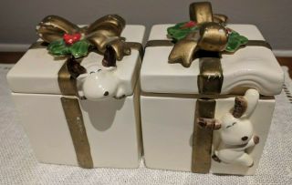 Vintage Ff Fitz & Floyd Christmas Present Gift Trinket Boxes Bow Storage Ceramic