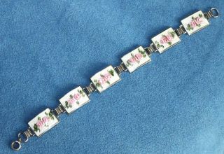 Antique Vintage Sterling Silver Pink Roses Enamel Wwii Sweetheart Link Bracelet