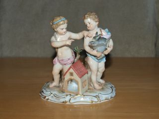 Antique Meissen Porcelain Figurine H37,  Boy & Girl With Rabbit In Fireman Helmet