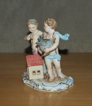Antique Meissen Porcelain Figurine H37,  Boy & Girl with Rabbit in Fireman Helmet 2