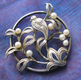 Vintage Sterling Silver Brooch With Bird In Tree & Pearls