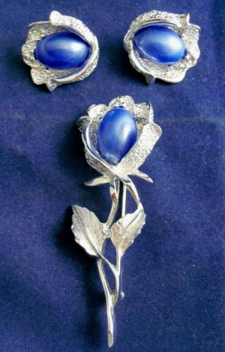 Vintage Signed Emmons Flower Pin Brooch Earrings Set - Silvertone Blue Moonstone