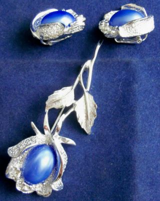 Vintage SIGNED EMMONS FLOWER PIN BROOCH EARRINGS SET - SILVERTONE BLUE MOONSTONE 2