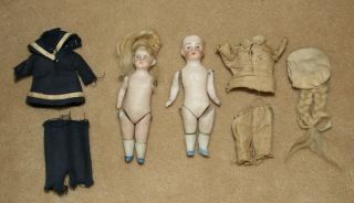 2 Antique All Bisque German Dolls White Stockings Blue Shoes Marked 8095 & 325