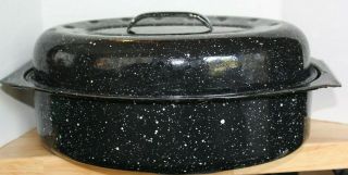 Vintage Blue Speckled Graniteware Enamelware Small Oval Roaster Pan 12 "