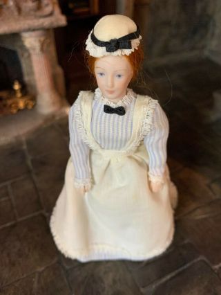 Vintage Miniature Dollhouse Artisan Porcelain Maid Doll Red Hair Apron Pretty