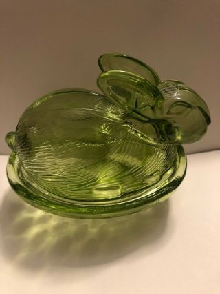 Mini Green Depression Glass Bunny Nesting On Basket Candy Dish With Lid Vintage