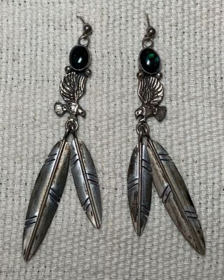 Vintage Native American Style 925 Sterling Silver Eagle Feather Earrings