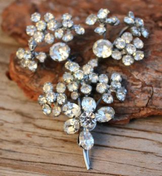 Vintage Rhinestone Brooch HUGE Ice Floral Spray Pin Costume Jewellery Silver 2