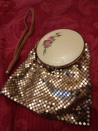 Evans Vintage Gold Mesh & Guilloche Wristlet Purse Powder Rouge Compact Bag