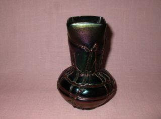 Antique Bohemian Art Glass Pallme Konig Loetz Threaded Purple Iridescent Vase