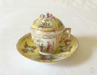 Antique 19th Century Small Meissen Porcelain Chocolate Pot And Saucer With Cover